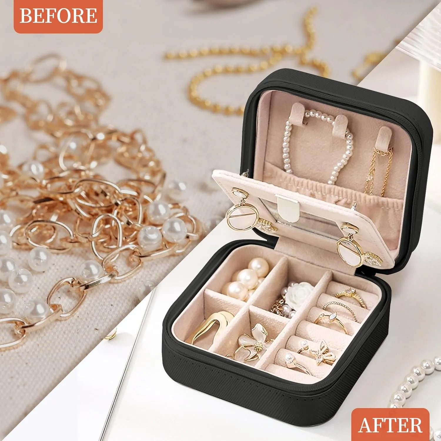 Travel Jewelry Case - Small Jewelry Box for Women Girls Gift Organizer Leather Jewelry Holder Boxes with Mirror, Black, Initial F