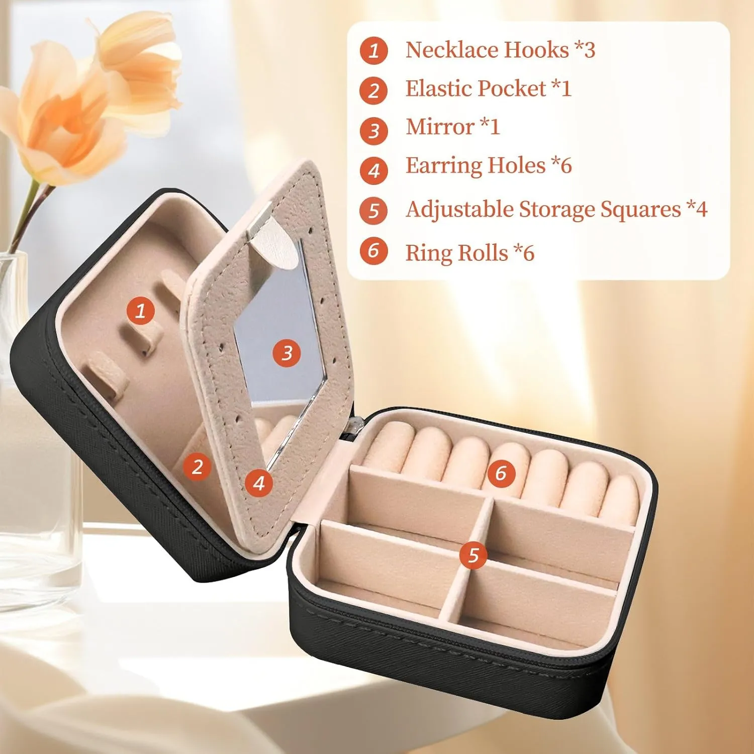 Travel Jewelry Case - Small Jewelry Box for Women Girls Gift Organizer Leather Jewelry Holder Boxes with Mirror, Black, Initial F