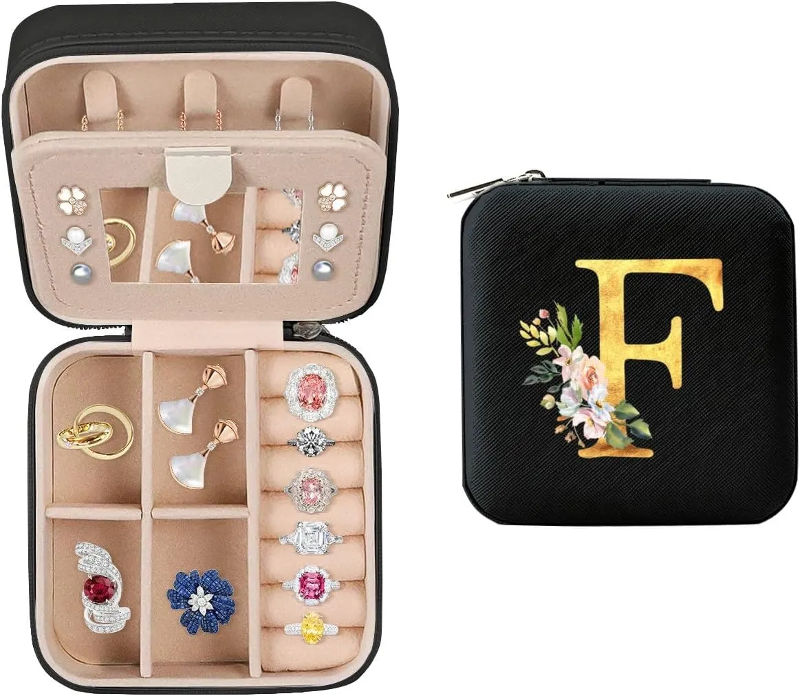 Travel Jewelry Case - Small Jewelry Box for Women Girls Gift Organizer Leather Jewelry Holder Boxes with Mirror, Black, Initial F