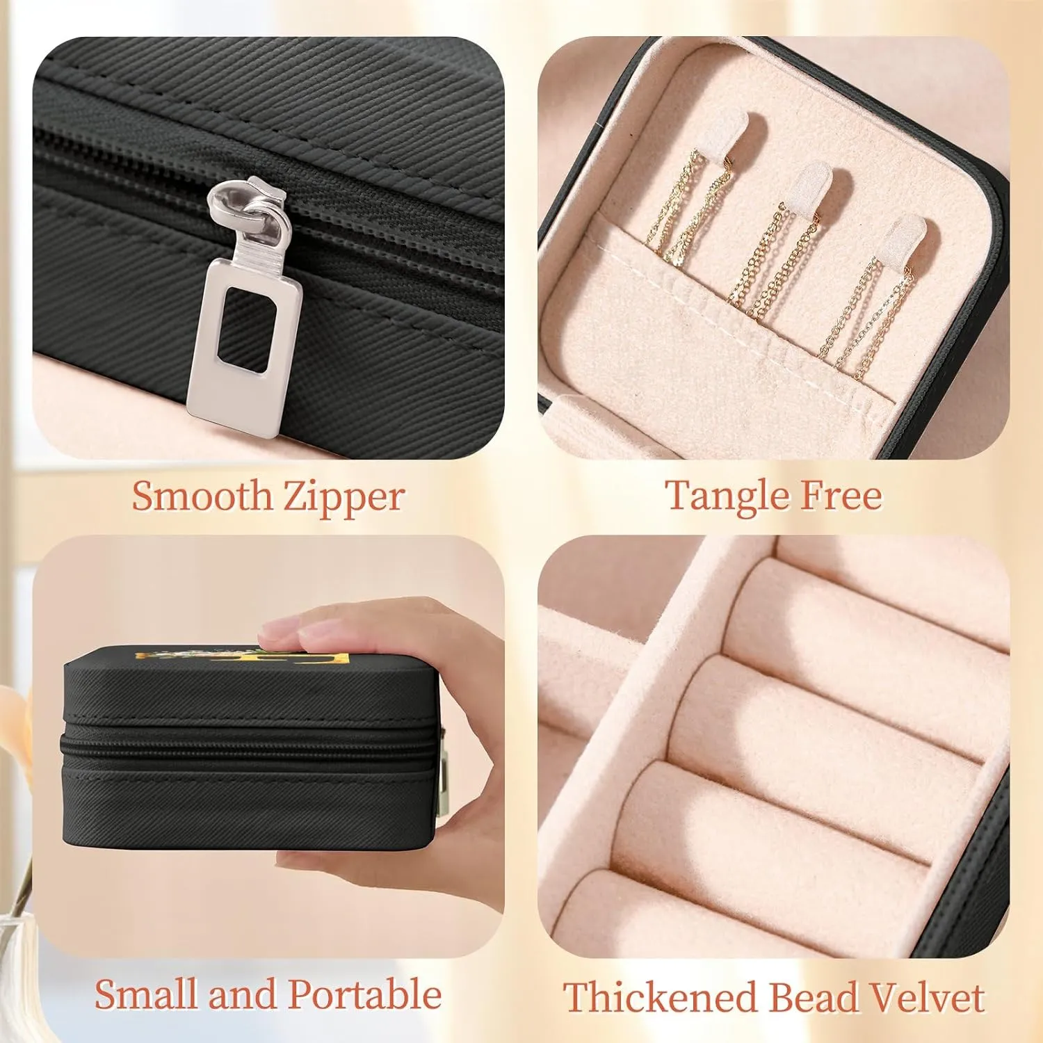Travel Jewelry Case - Small Jewelry Box for Women Girls Gift Organizer Leather Jewelry Holder Boxes with Mirror, Black, Initial F