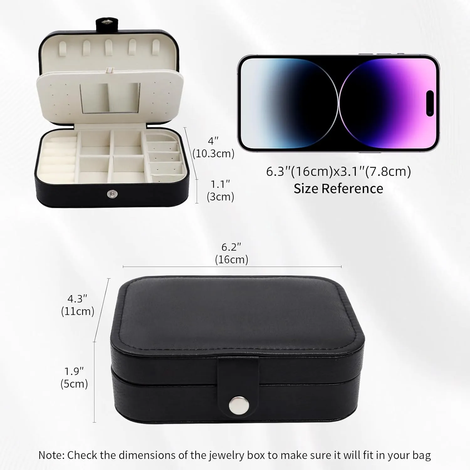 Travel Jewelry Case with Mirror, PU Leather Small Jewelry Organizer for Women Girls, Portable Mini Box, 2 Layer Storage Holder Boxes for Rings, Necklaces, Stud Earrings,Bracelets(Black)