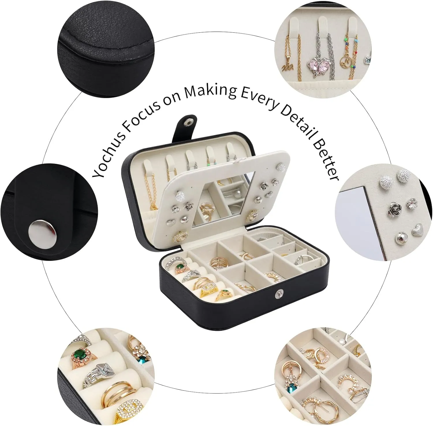 Travel Jewelry Case with Mirror, PU Leather Small Jewelry Organizer for Women Girls, Portable Mini Box, 2 Layer Storage Holder Boxes for Rings, Necklaces, Stud Earrings,Bracelets(Black)
