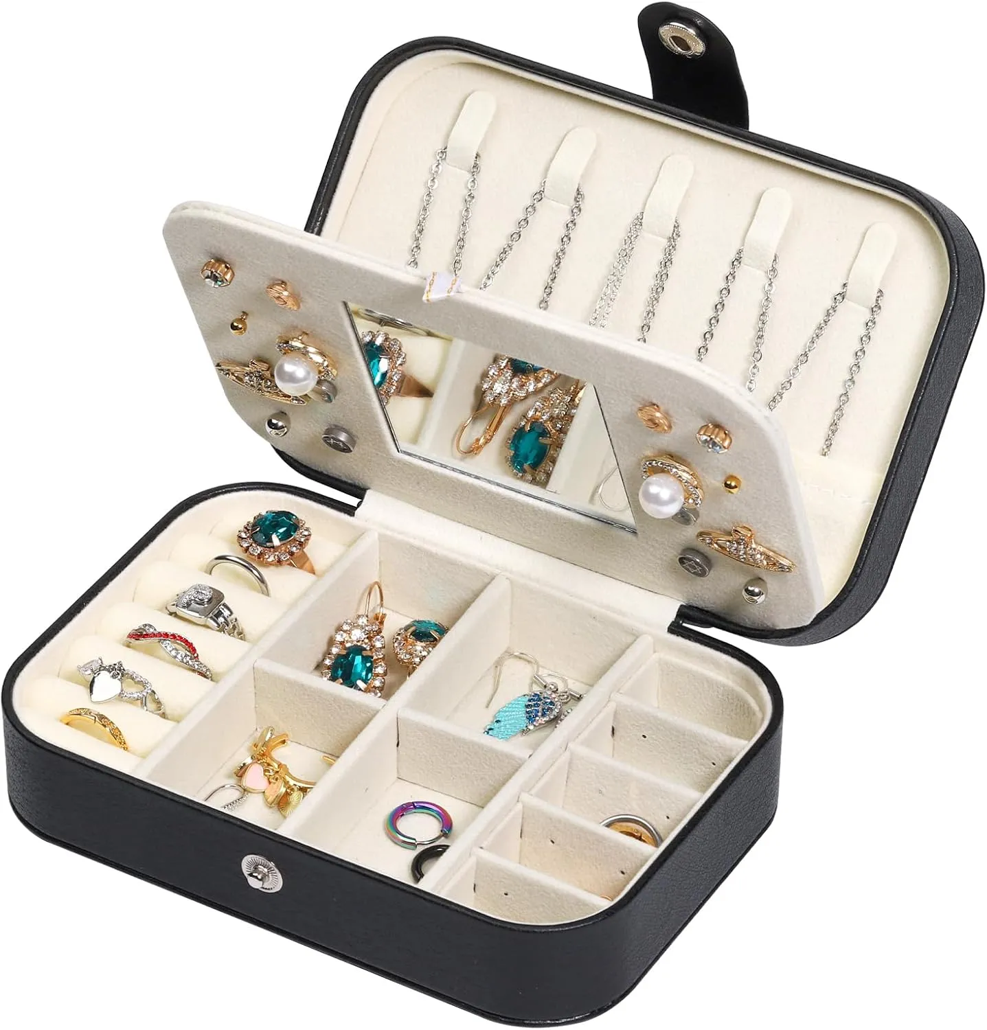 Travel Jewelry Case with Mirror, PU Leather Small Jewelry Organizer for Women Girls, Portable Mini Box, 2 Layer Storage Holder Boxes for Rings, Necklaces, Stud Earrings,Bracelets(Black)