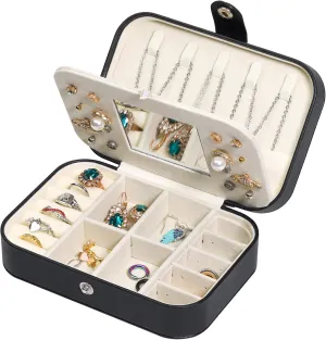 Travel Jewelry Case with Mirror, PU Leather Small Jewelry Organizer for Women Girls, Portable Mini Box, 2 Layer Storage Holder Boxes for Rings, Necklaces, Stud Earrings,Bracelets(Black)