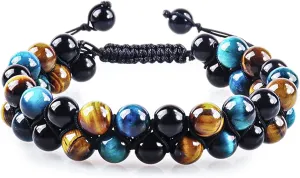Triple Protection Bracelet,Crystal Bracelet for Men Women Tiger Eye Beads Hematite and Black Obsidian,10mm Healing Bracelets,Natural Stone Beaded Bracelets Bring Luck.