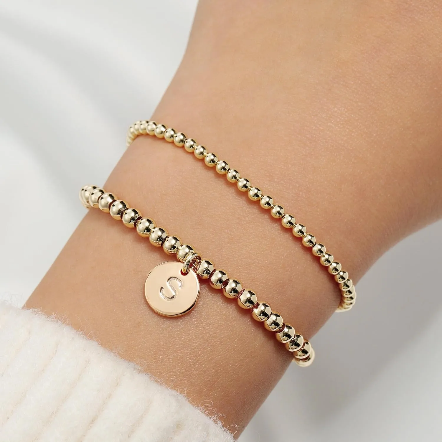 Turandoss Gold Bracelets for Women Gifts - Dainty 14K Gold Plated Stackable Beaded Bracelets for Women Trendy, Gold Beaded Stacking Monogram Bracelet, Gold Jewelry Gifts for Women