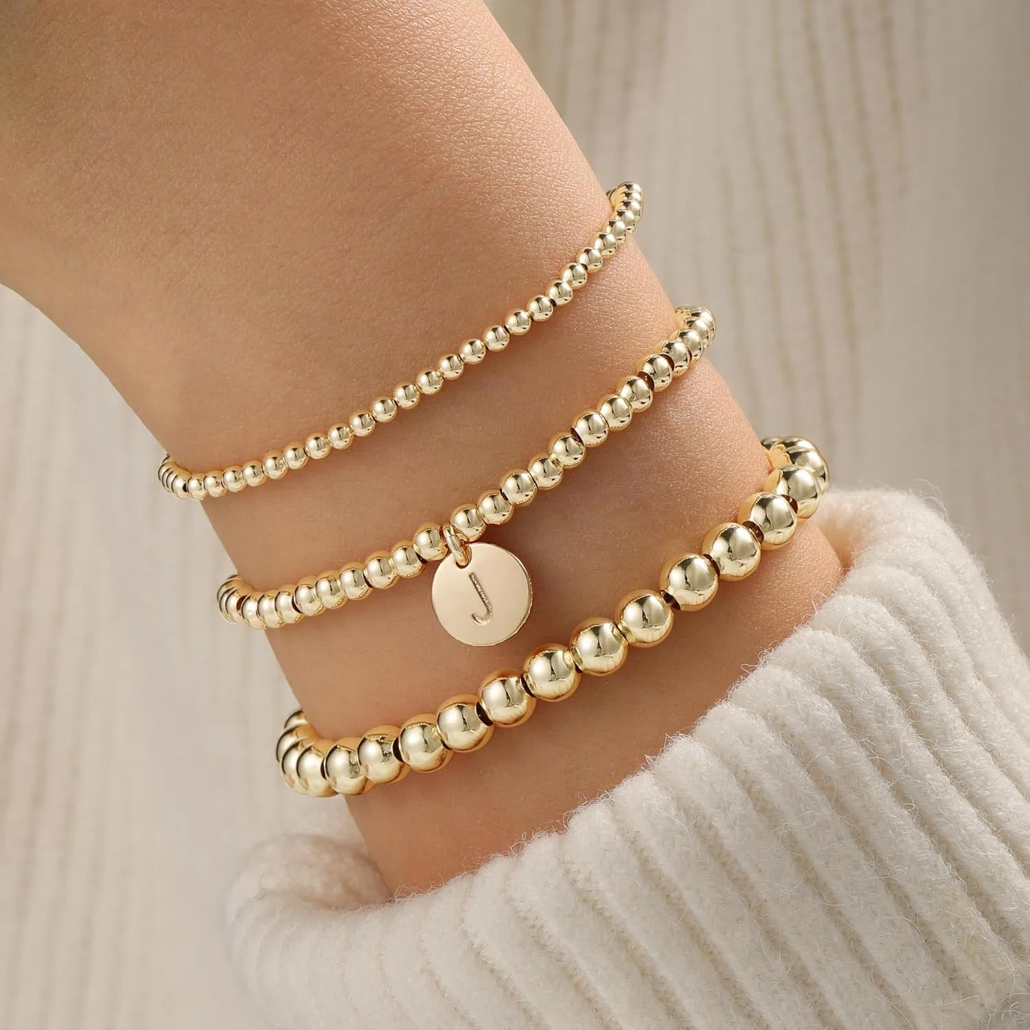 Turandoss Gold Bracelets for Women Gifts - Dainty 14K Gold Plated Stackable Beaded Bracelets for Women Trendy, Gold Beaded Stacking Monogram Bracelet, Gold Jewelry Gifts for Women