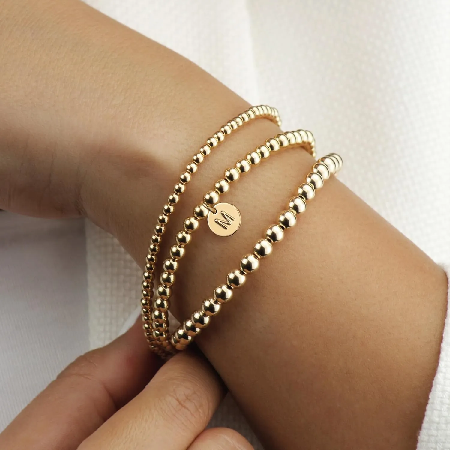 Turandoss Gold Bracelets for Women Gifts - Dainty 14K Gold Plated Stackable Beaded Bracelets for Women Trendy, Gold Beaded Stacking Monogram Bracelet, Gold Jewelry Gifts for Women