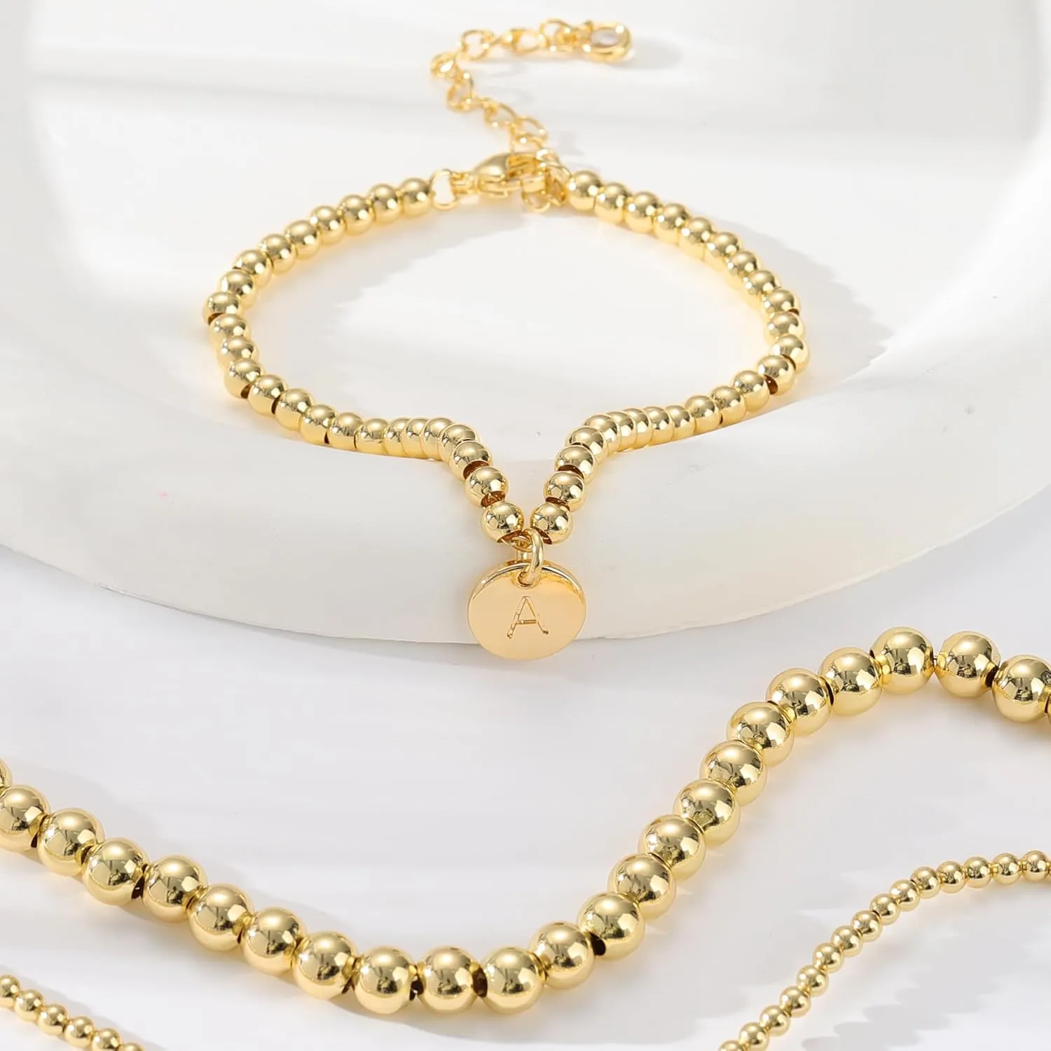 Turandoss Gold Bracelets for Women Gifts - Dainty 14K Gold Plated Stackable Beaded Bracelets for Women Trendy, Gold Beaded Stacking Monogram Bracelet, Gold Jewelry Gifts for Women