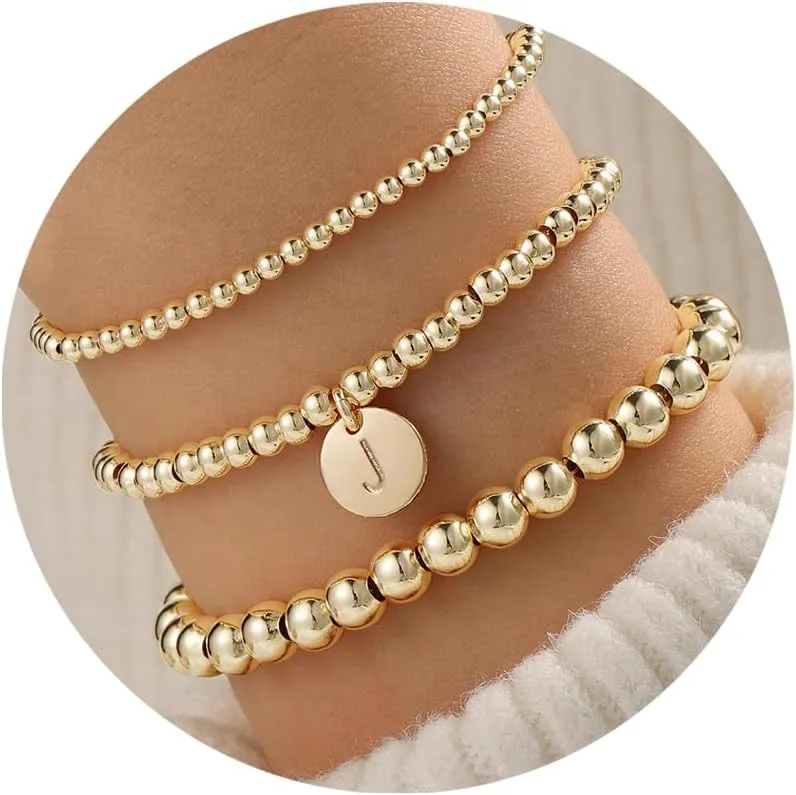 Turandoss Gold Bracelets for Women Gifts - Dainty 14K Gold Plated Stackable Beaded Bracelets for Women Trendy, Gold Beaded Stacking Monogram Bracelet, Gold Jewelry Gifts for Women