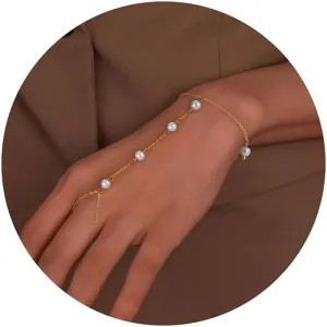 Turandoss Gold Hand Chain Bracelets for Women Trendy Stuff - Dainty 14k Gold Plated Adjustable Satellite Bead Cubic Zircon Evil Eye Pearl Finger Rings Bracelets Hand Chain Jewelry Gifts for Women