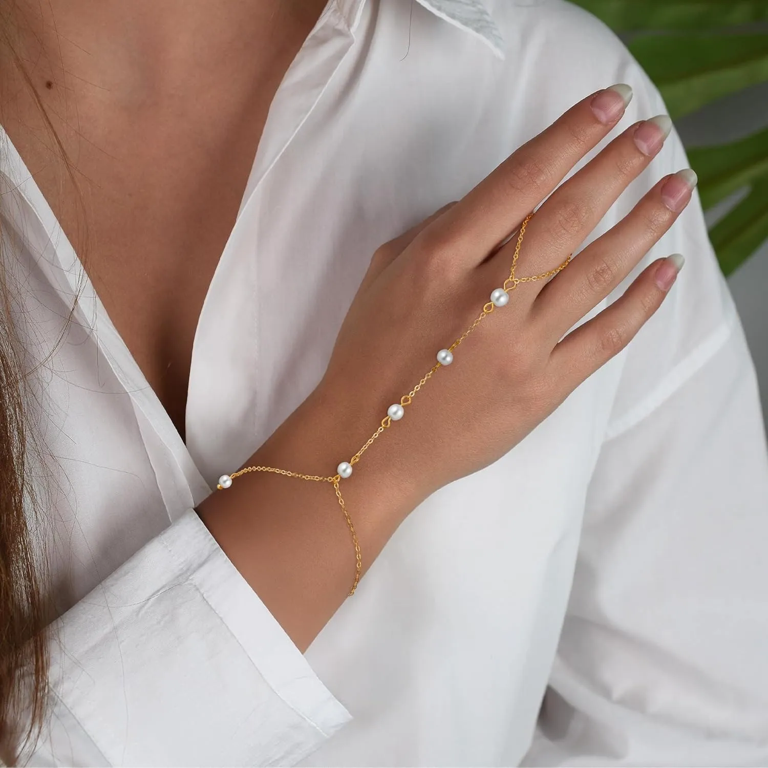 Turandoss Gold Hand Chain Bracelets for Women Trendy Stuff - Dainty 14k Gold Plated Adjustable Satellite Bead Cubic Zircon Evil Eye Pearl Finger Rings Bracelets Hand Chain Jewelry Gifts for Women