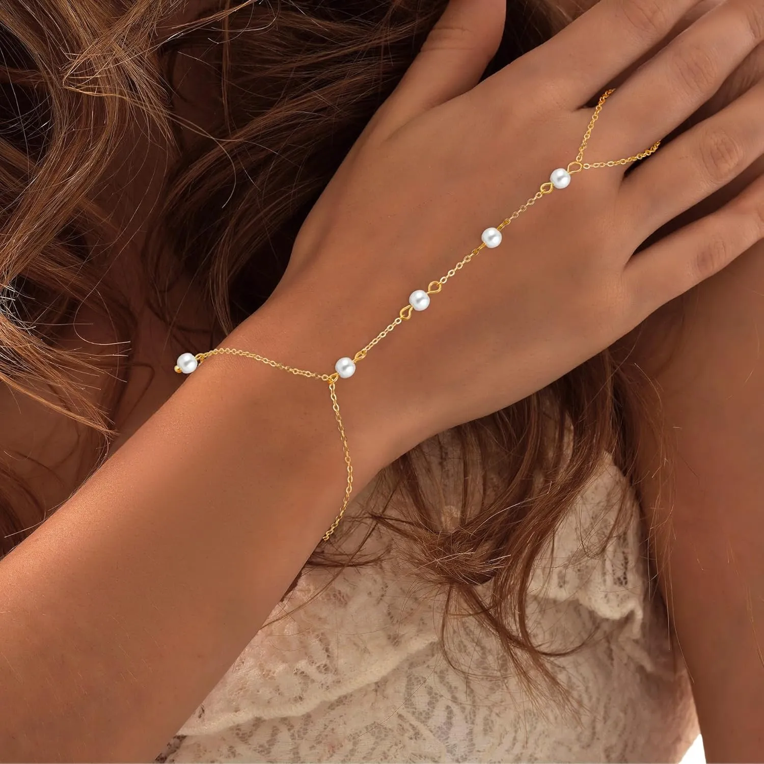 Turandoss Gold Hand Chain Bracelets for Women Trendy Stuff - Dainty 14k Gold Plated Adjustable Satellite Bead Cubic Zircon Evil Eye Pearl Finger Rings Bracelets Hand Chain Jewelry Gifts for Women
