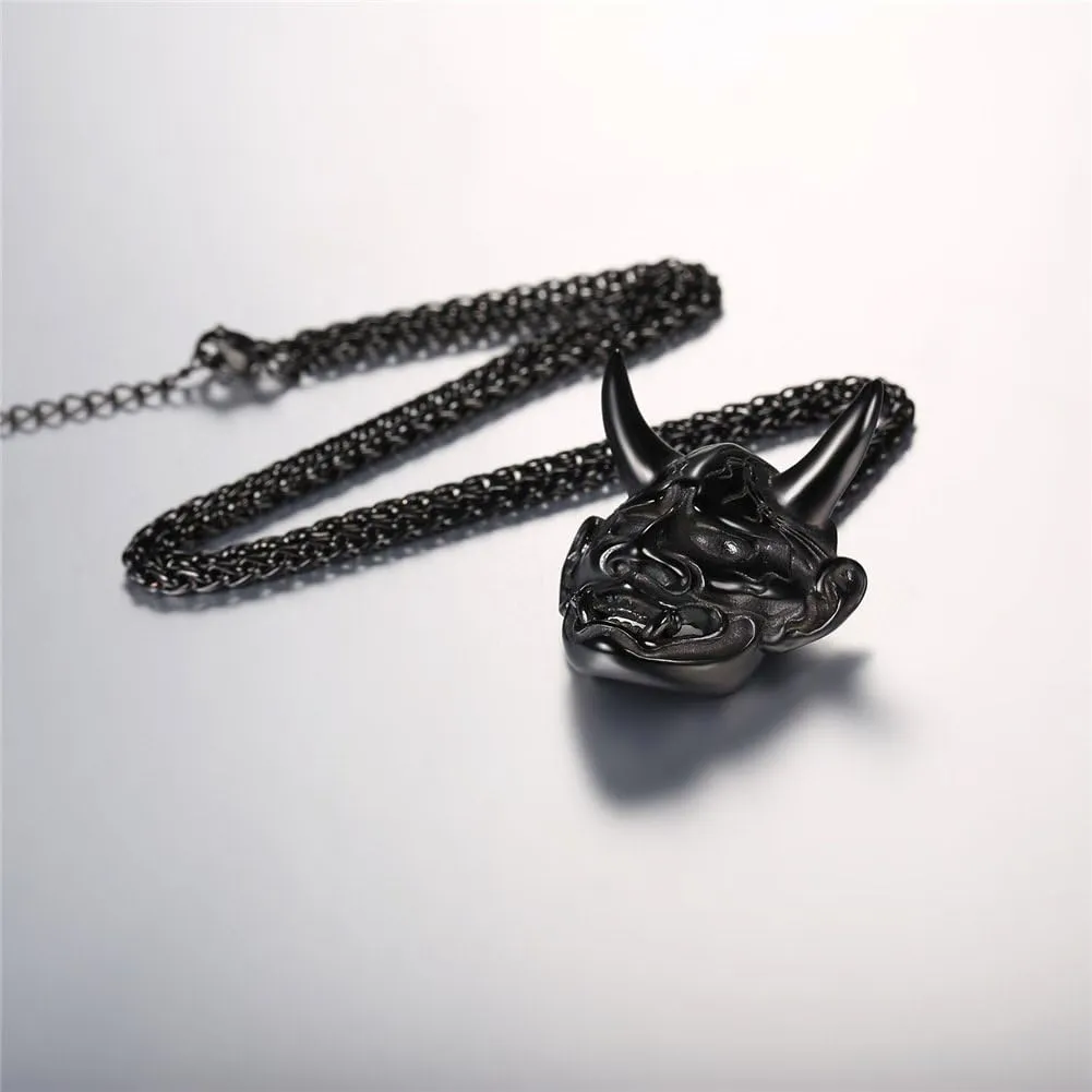 U7 Hannya Mask Necklace, Mens Gothic Punk Pendant, Stainless Steel Silver Black Personalized Evil Demon Horn Jewelry Oni Necklaces with 22 Inch Chain