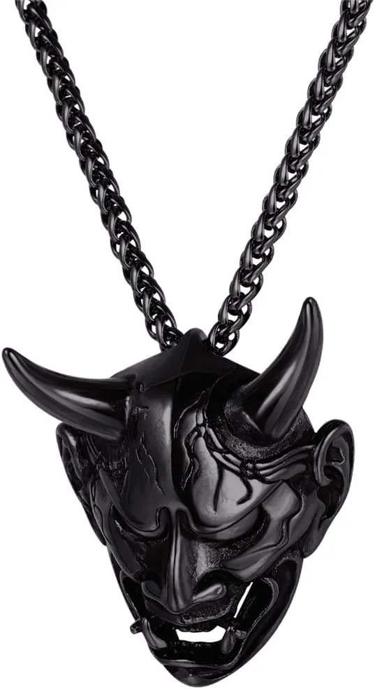 U7 Hannya Mask Necklace, Mens Gothic Punk Pendant, Stainless Steel Silver Black Personalized Evil Demon Horn Jewelry Oni Necklaces with 22 Inch Chain