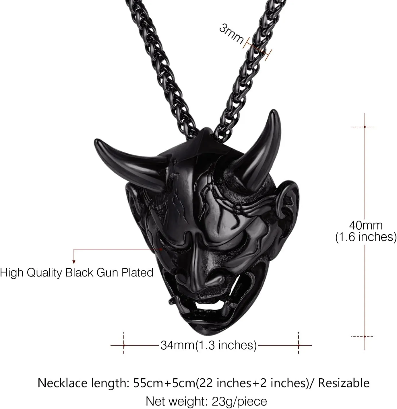 U7 Hannya Mask Necklace, Mens Gothic Punk Pendant, Stainless Steel Silver Black Personalized Evil Demon Horn Jewelry Oni Necklaces with 22 Inch Chain