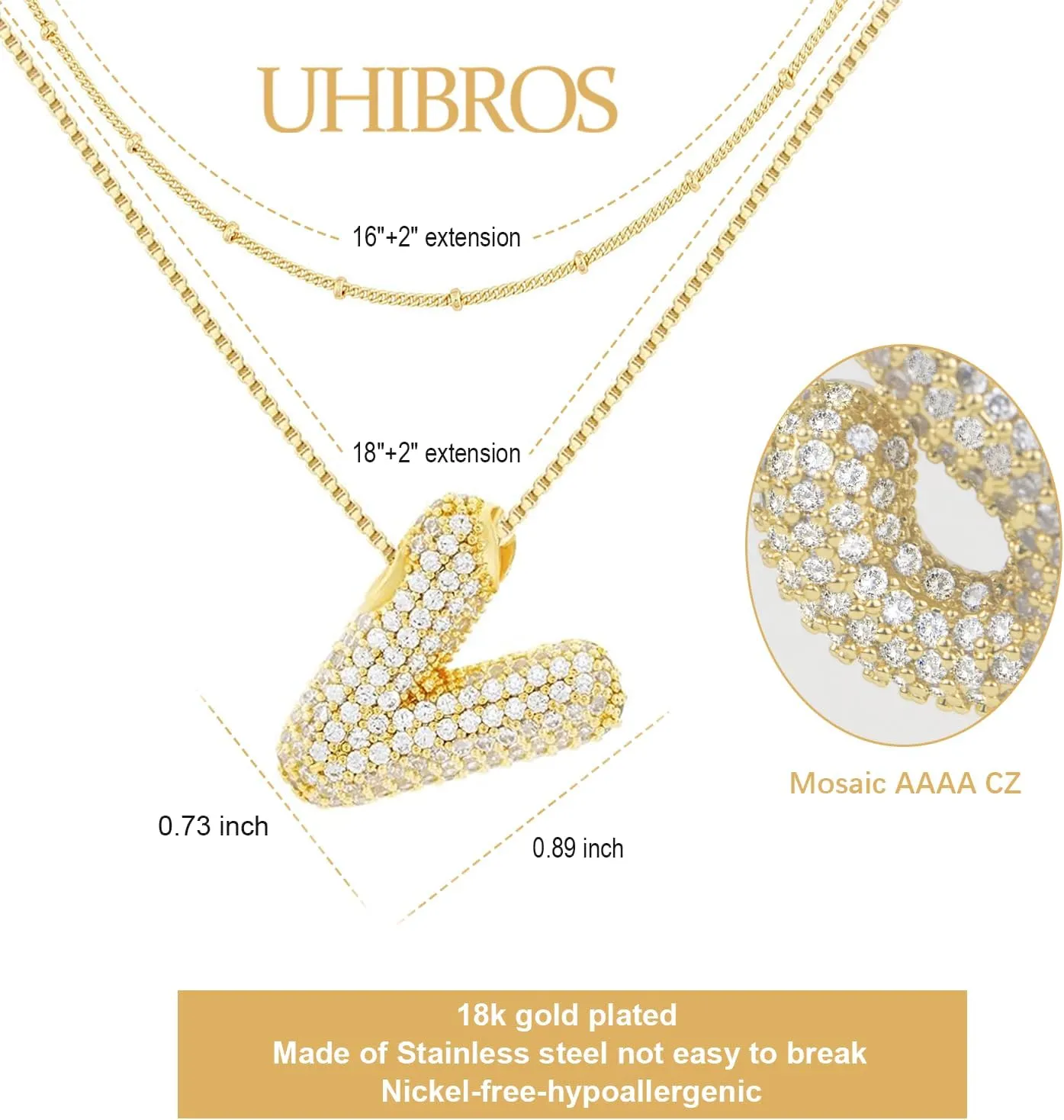 UHIBROS Bubble Letter Necklace, Gold Balloon Initial Necklaces for Women, Cubic Zirconia Dainty Charm Alphabet Pendant, 18K Gold Plated Custom Name Choker, Trendy Puffy Personalized Jewelry