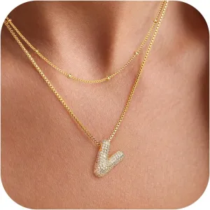 UHIBROS Bubble Letter Necklace, Gold Balloon Initial Necklaces for Women, Cubic Zirconia Dainty Charm Alphabet Pendant, 18K Gold Plated Custom Name Choker, Trendy Puffy Personalized Jewelry