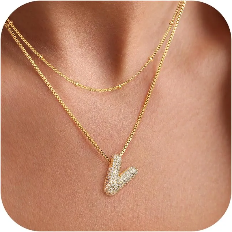 UHIBROS Bubble Letter Necklace, Gold Balloon Initial Necklaces for Women, Cubic Zirconia Dainty Charm Alphabet Pendant, 18K Gold Plated Custom Name Choker, Trendy Puffy Personalized Jewelry