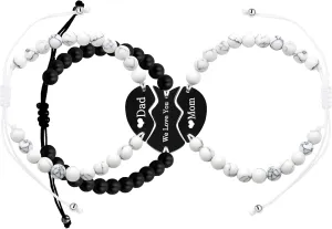 Uloveido 3pcs Matching Puzzle Mom Dad We Love You Heart Bracelets Set for 3 - Customized Adjustable White Turquoise Black Agate Family Relationship Bracelets for Dad Mom Daughter Son Y4124