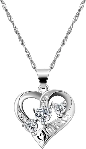 Uloveido Platinum Plated Infinity Heart Necklace for Women, Love Heart Pendant with Cubic Zirconia Heart Necklaces Y894-White