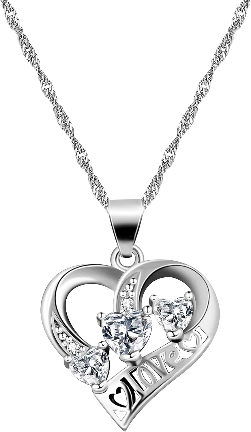 Uloveido Platinum Plated Infinity Heart Necklace for Women, Love Heart Pendant with Cubic Zirconia Heart Necklaces Y894-White