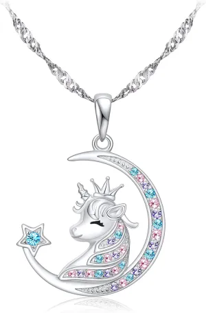 Unicorns Gifts for Girls Necklace: 925 Sterling Silver Crescent Moon Star Unicorn Necklace Cubic Zirconia Unicorn Little Girl Jewelry for Teen Girls & Women Dainty 18" Chain, Colorful