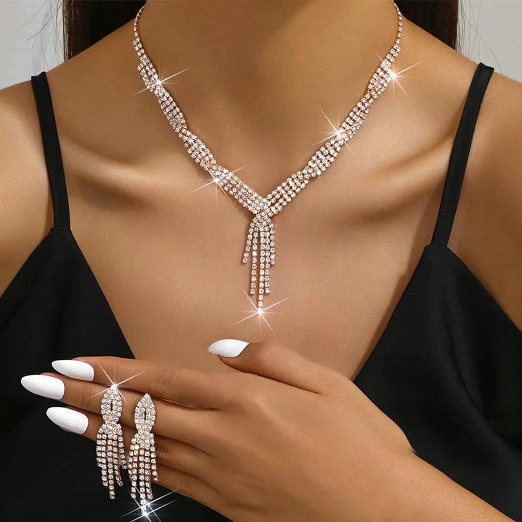 Unicra Gold Bride Necklace Earrings Set Bridal Wedding Jewelry Sets Rhinestone Prom Costume Choker Necklaces for Women
