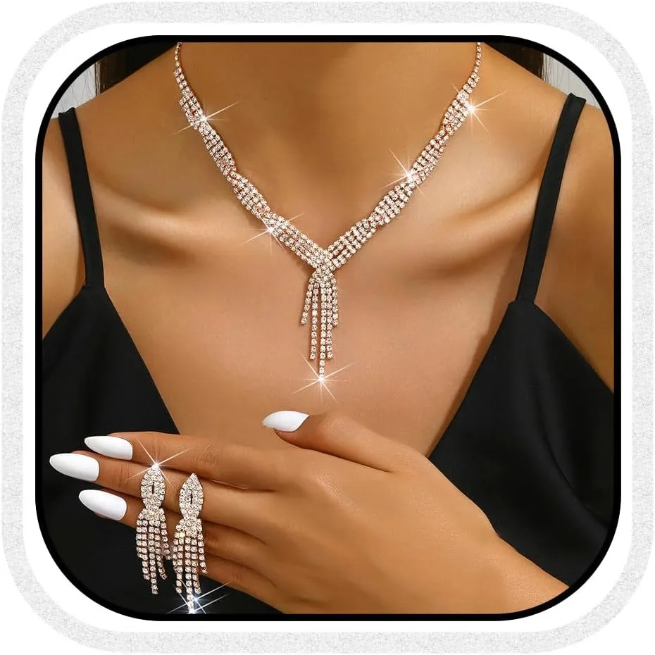 Unicra Gold Bride Necklace Earrings Set Bridal Wedding Jewelry Sets Rhinestone Prom Costume Choker Necklaces for Women