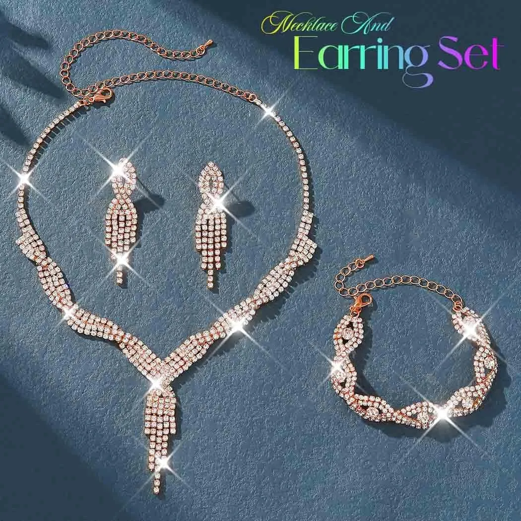 Unicra Gold Bride Necklace Earrings Set Bridal Wedding Jewelry Sets Rhinestone Prom Costume Choker Necklaces for Women