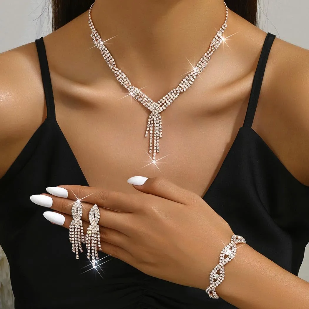 Unicra Gold Bride Necklace Earrings Set Bridal Wedding Jewelry Sets Rhinestone Prom Costume Choker Necklaces for Women