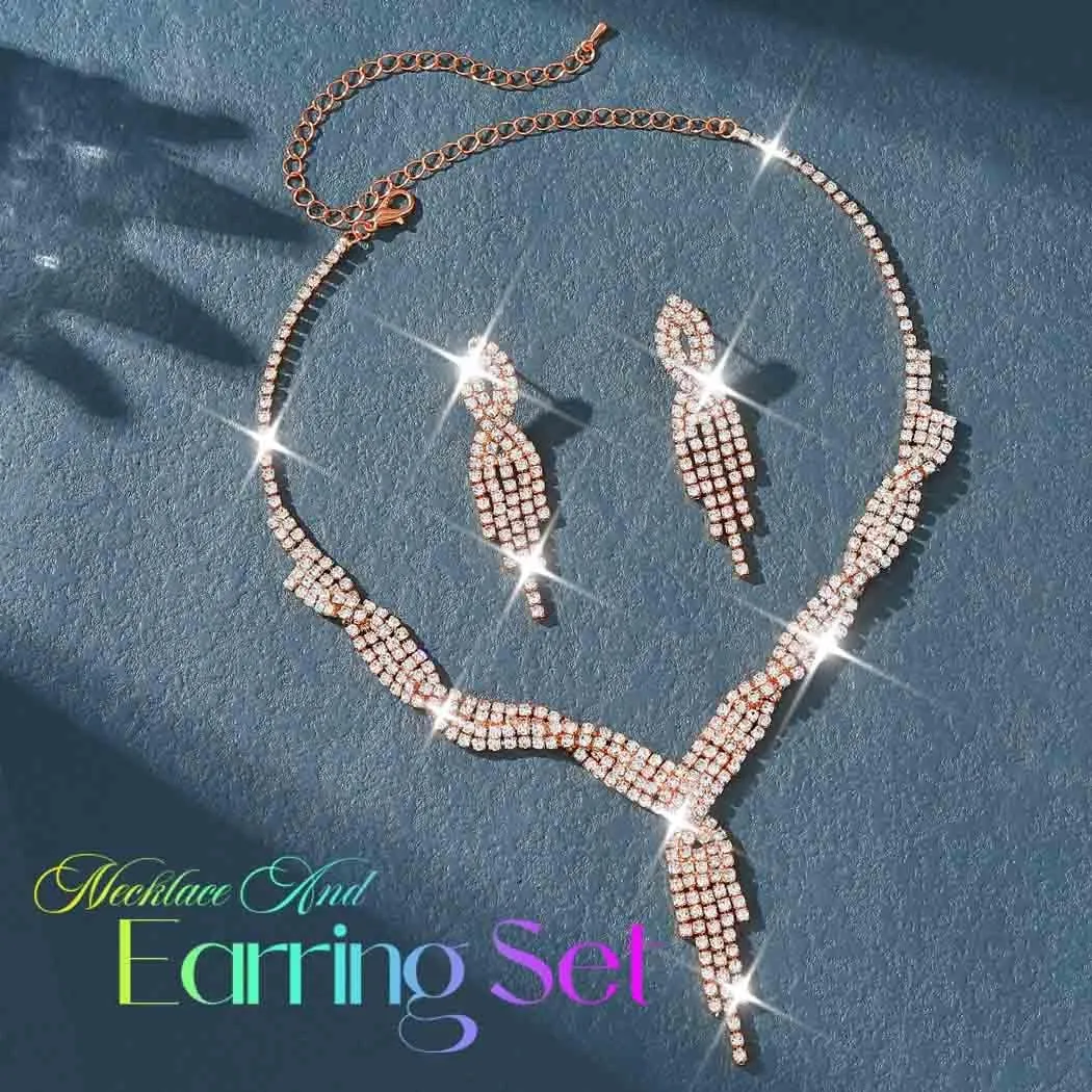 Unicra Gold Bride Necklace Earrings Set Bridal Wedding Jewelry Sets Rhinestone Prom Costume Choker Necklaces for Women