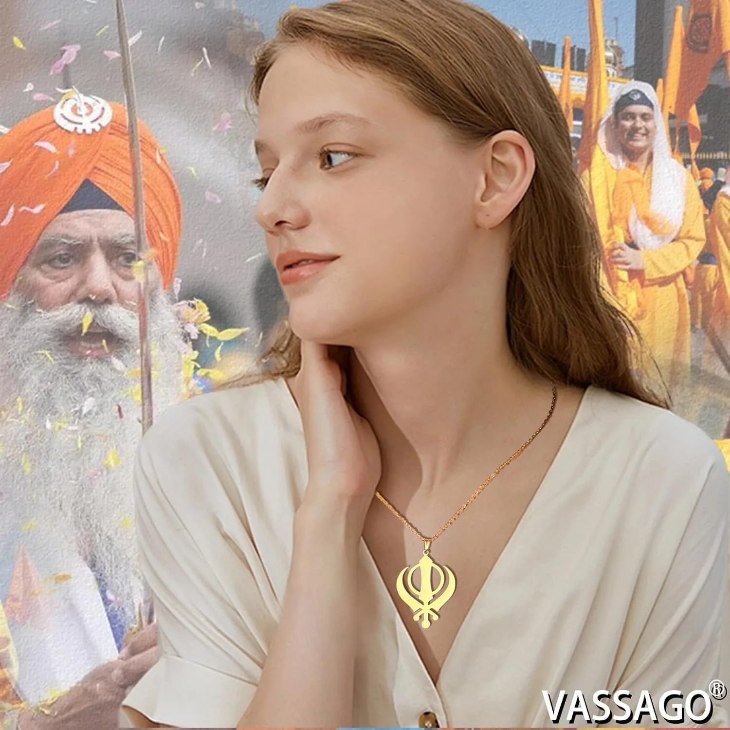 VASSAGO Sikhism Necklace Sikh Khanda Sword Necklace for Women Men Stainless Steel Sikhs Necklaces Sword Symbol Pendant Religious Jewelry