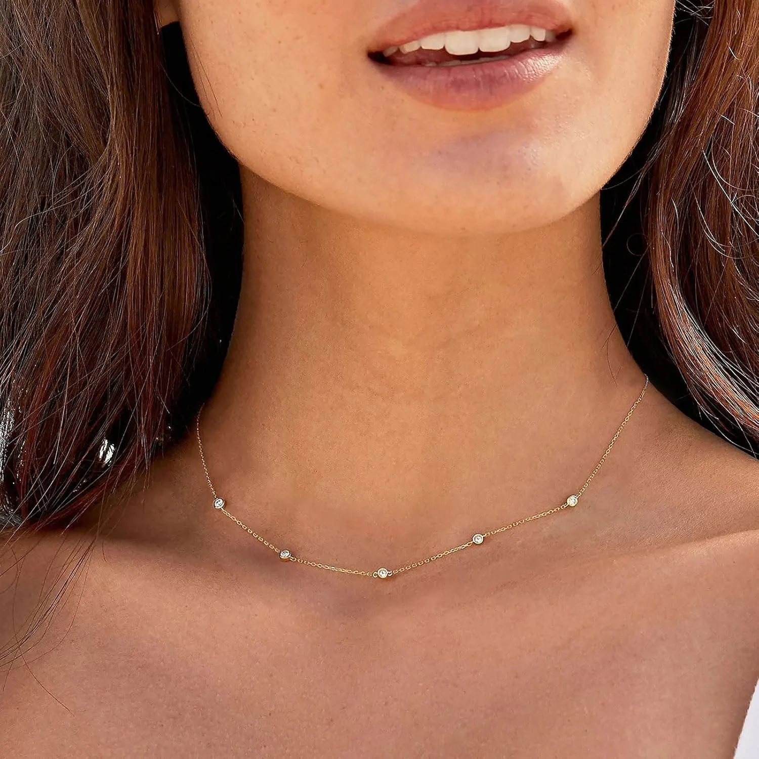 VRIUA Diamond Necklaces for Women - 14K Gold/Silver Gold Plated Dainty Necklace for Women Simple Five Diamond Flower Clover Butterfly Heart Star Necklace Trendy Gold Jewelry