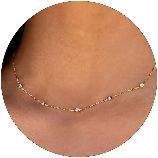 VRIUA Diamond Necklaces for Women - 14K Gold/Silver Gold Plated Dainty Necklace for Women Simple Five Diamond Flower Clover Butterfly Heart Star Necklace Trendy Gold Jewelry