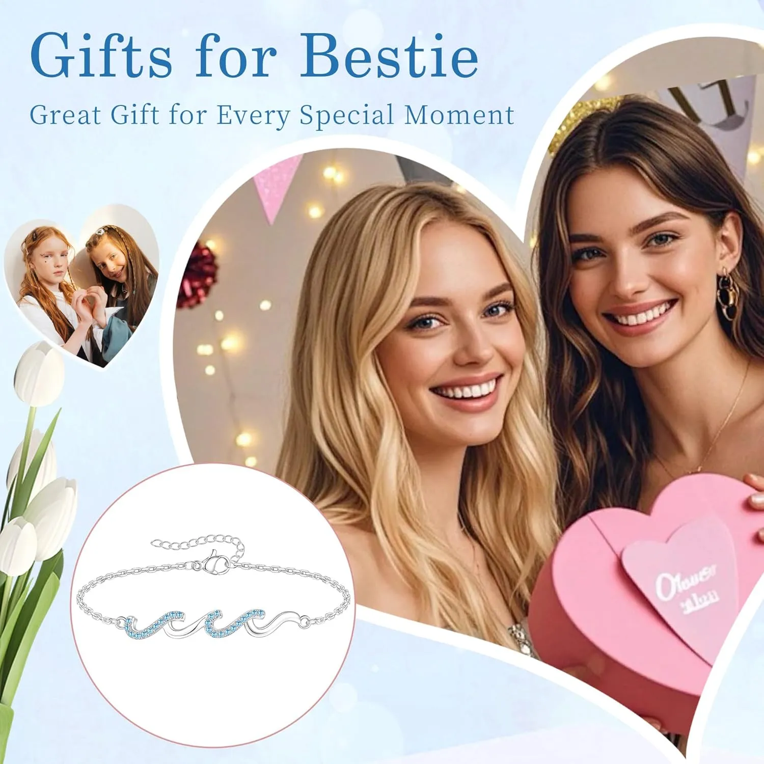 Wave Bracelet - Birthday Gifts for Women, Gifts for Women Bestie Sister Mom Daughter Wife Girlfriend Grandma Aunt, 14K Gold/White Gold Plated Wave Bracelet Beach Jewelry Meaningful Friendship Gift