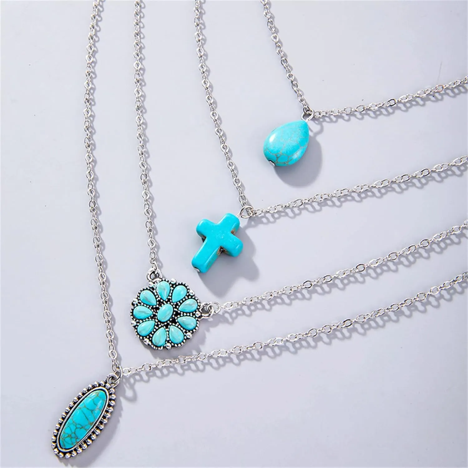 WCRAZYE Western Necklaces for Women Cowgirl Cowboy Pendant Necklace Vintage Multi Layered Chain Turquoise Stone Flower Cross Pendant Necklace Boho Turquoise Necklace Jewelry (Cross Flower)