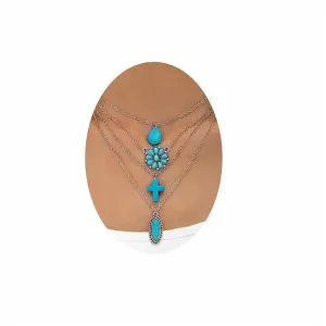 WCRAZYE Western Necklaces for Women Cowgirl Cowboy Pendant Necklace Vintage Multi Layered Chain Turquoise Stone Flower Cross Pendant Necklace Boho Turquoise Necklace Jewelry (Cross Flower)