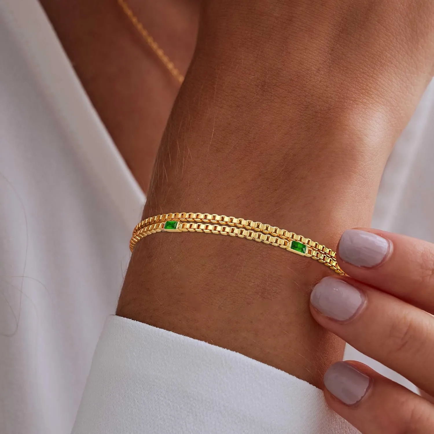 WEDDINEN Birthstone Bracelets for Women, 14K Gold Plated Dainty Double Layers Stackable Blue Green May Emerald Adiustable Friendship Bracelets Jewelry Gifts for Mom Best Friend