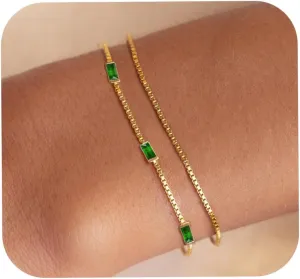 WEDDINEN Birthstone Bracelets for Women, 14K Gold Plated Dainty Double Layers Stackable Blue Green May Emerald Adiustable Friendship Bracelets Jewelry Gifts for Mom Best Friend