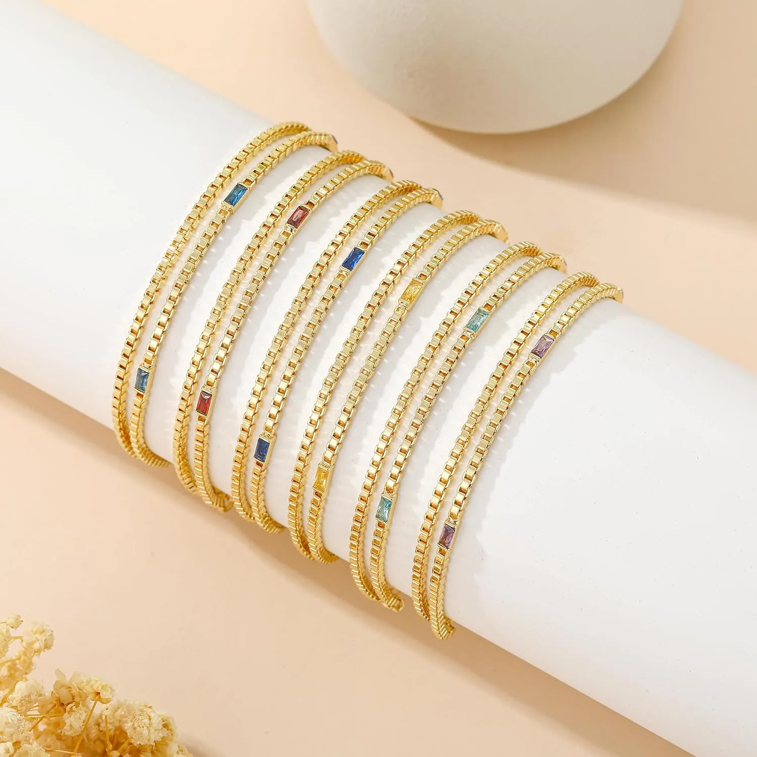 WEDDINEN Birthstone Bracelets for Women, 14K Gold Plated Dainty Double Layers Stackable Blue Green May Emerald Adiustable Friendship Bracelets Jewelry Gifts for Mom Best Friend