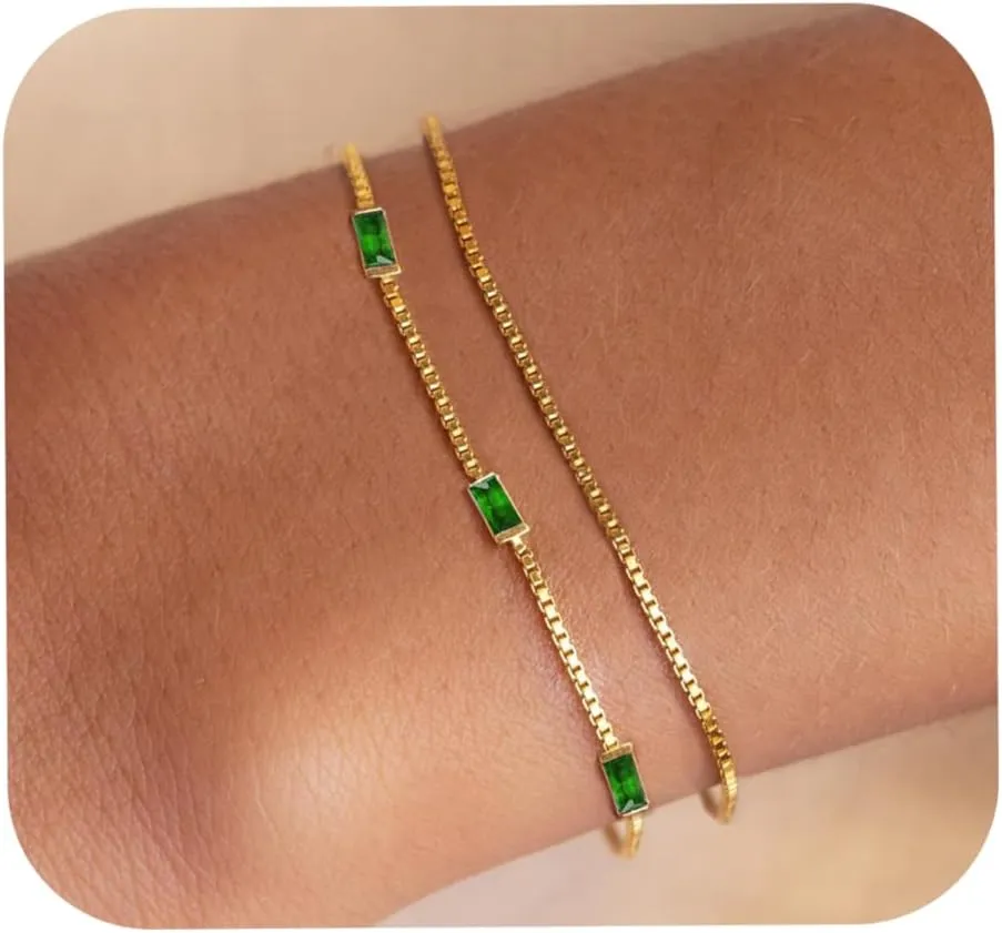 WEDDINEN Birthstone Bracelets for Women, 14K Gold Plated Dainty Double Layers Stackable Blue Green May Emerald Adiustable Friendship Bracelets Jewelry Gifts for Mom Best Friend