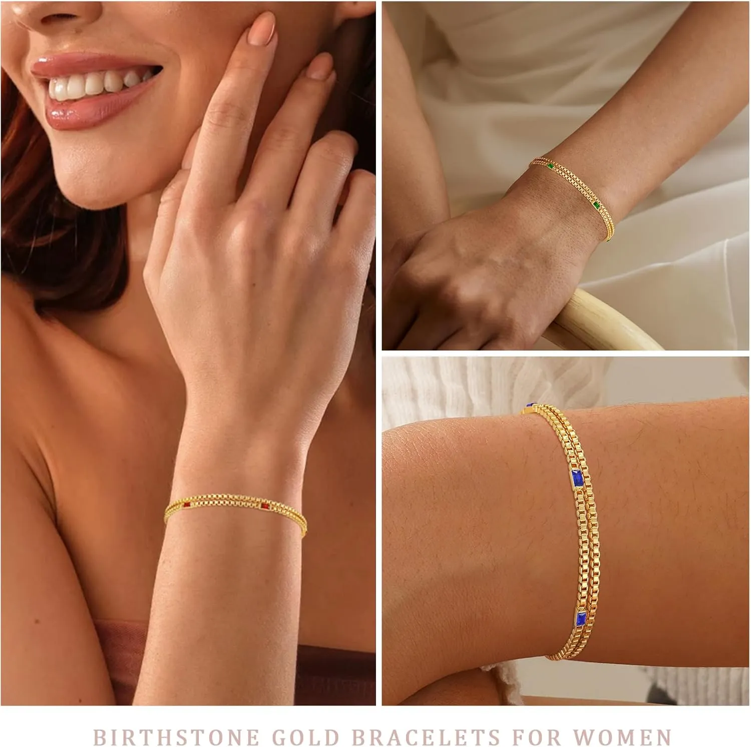WEDDINEN Birthstone Bracelets for Women, 14K Gold Plated Dainty Double Layers Stackable Blue Green May Emerald Adiustable Friendship Bracelets Jewelry Gifts for Mom Best Friend