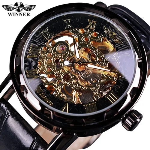 Winner Black Gold Male Clock Men Relogios Skeleton Watch