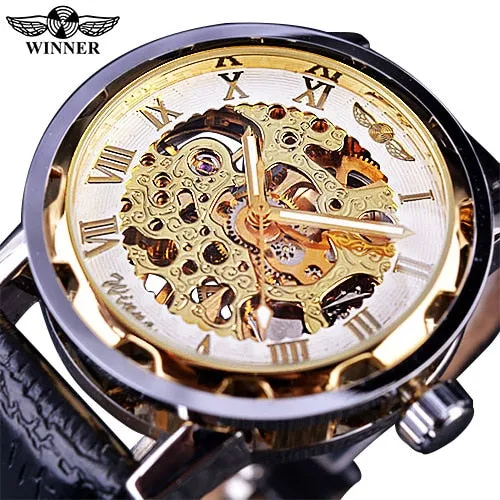 Winner Black Gold Male Clock Men Relogios Skeleton Watch