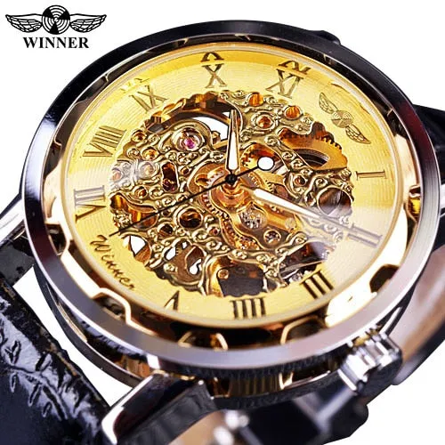 Winner Black Gold Male Clock Men Relogios Skeleton Watch