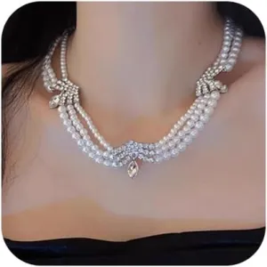Women Bridal Vintage 1920s Layered Tassels Necklace Multilayer Rhinestones Pearl Shiny Choker Necklace Fashion Gold Silver Simple Necklaces for Women (3 Tier Silver)