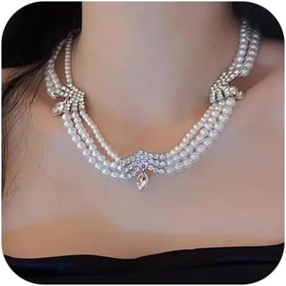 Women Bridal Vintage 1920s Layered Tassels Necklace Multilayer Rhinestones Pearl Shiny Choker Necklace Fashion Gold Silver Simple Necklaces for Women (3 Tier Silver)