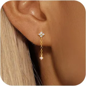 XAYAH 925 Sterling Silver CZ Lucky Leaf Flower Chain Earrings for Women Dainty Dangle Drop Pendant Earrings Hoop to Daughter Mom 14K Gold Plated Threader Bride Jewelry Graduation Season Gift for Her