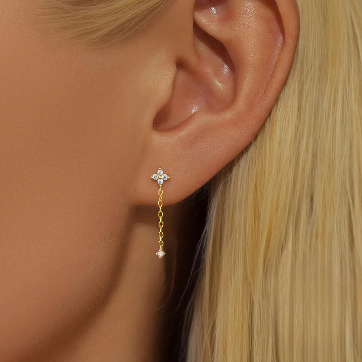 XAYAH 925 Sterling Silver CZ Lucky Leaf Flower Chain Earrings for Women Dainty Dangle Drop Pendant Earrings Hoop to Daughter Mom 14K Gold Plated Threader Bride Jewelry Graduation Season Gift for Her